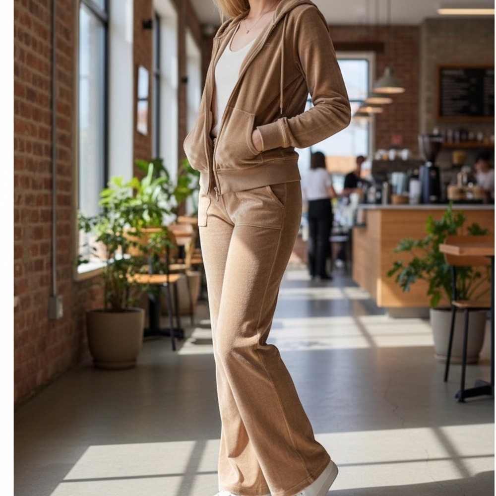 Juicy Couture Tracksuit Women Size Medium Camel Tan Vintage Velour Y2K 2pc Set